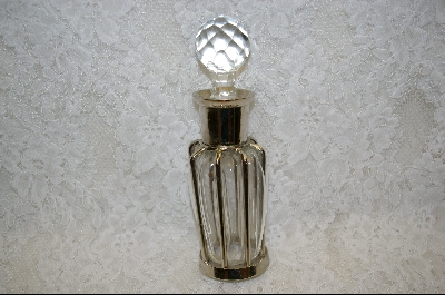 +MBA  "Clear Glass Metal Incased Perfume Bottle W / Carved Glass Stopper