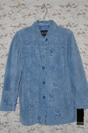 +MBA #49-044   "Bernardo "Sapphire Blue" Floral Embroidered Suede Coat