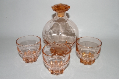+MBA #55-176  Vintage Pink Glass Decantor With Three Matching Glass's
