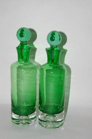 +MBA #57-095    2003 Set Of 2 Green & Clear Glass Bottles With Glass Stoppers