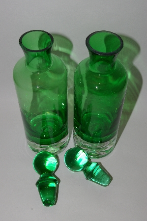 +MBA #57-095    2003 Set Of 2 Green & Clear Glass Bottles With Glass Stoppers