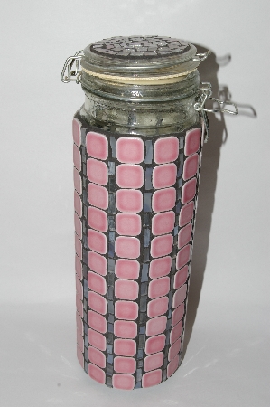  +MBA #57-030  "Tall Hand Done Pink Ceramic Tile & Stained Glass Canister