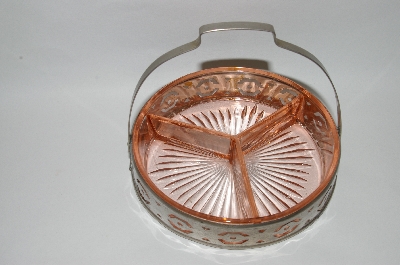 +MBA #59-052  1930's  Vintage Pink Depression Glass Divided Dish With Metal Basket Carrier