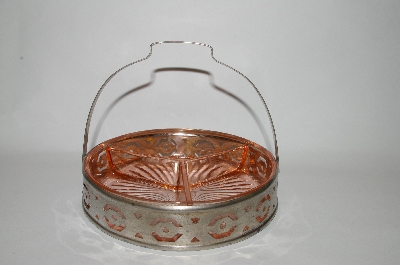 +MBA #59-052  1930's  Vintage Pink Depression Glass Divided Dish With Metal Basket Carrier