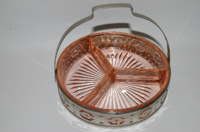 +MBA #69-056  Vintage Pink Depression Glass Divided Dish With Metal Basket Carrier