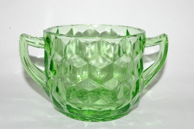 +MBA #60-101  "Vintage Green Depression Glass "Cube" Pattern Sugar Bowl
