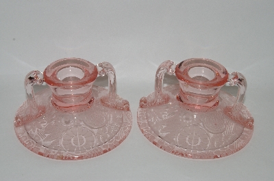 +MBA #60-207   "Elegant Vintage Pink Glass Two Handled Set Of Candle Stick Holders