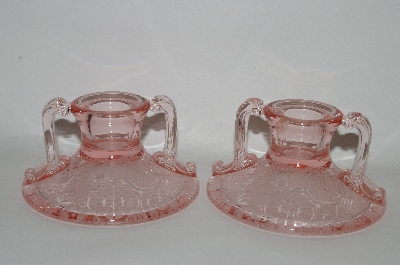 +MBA #60-207   "Elegant Vintage Pink Glass Two Handled Set Of Candle Stick Holders