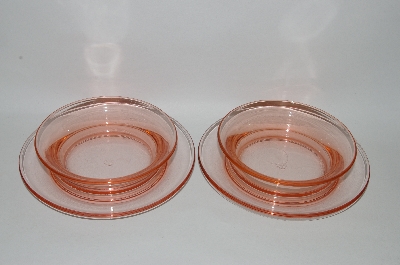 +MBA #61-005   " Set Of Two Vintage Pink Depression Glass "Snack Dish" Attached Bowl & Saucer