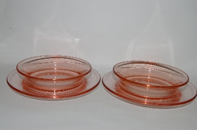 +MBA #61-005   " Set Of Two Vintage Pink Depression Glass "Snack Dish" Attached Bowl & Saucer