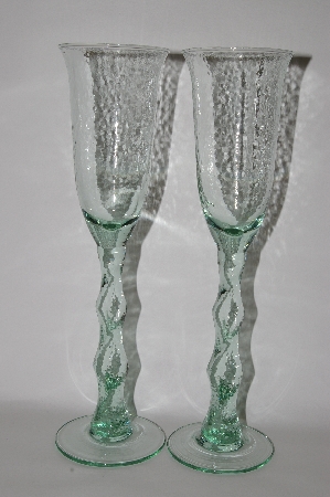 +MBA #61-178   "2003 Riekes Spanish Green Glass Set Of 4 Tall Hammer Finished Champagne Glass's"
