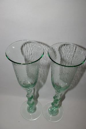 +MBA #61-178   "2003 Riekes Spanish Green Glass Set Of 4 Tall Hammer Finished Champagne Glass's"