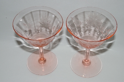 +MBA #61-141   Set Of 6 Vintage Pink Depression "Floral Etched" Wine Glass's Set Of 6
