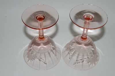 +MBA #61-141   Set Of 6 Vintage Pink Depression "Floral Etched" Wine Glass's Set Of 6