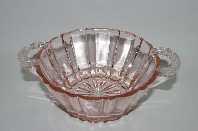 +MBA #62-024  Vintage Pink Depression Glass "Fancy Patterned" Handled Serving Bowl