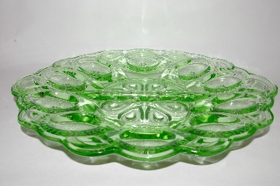 +MBA #GGF  "Vintage Green Glass "Fancy" Deviled Egg Serving Dish