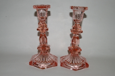 +MBA #63-228  "Set Of 2 Light Vintage Pink Glass Candle Stick Holders"