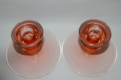+MBA #64-155   " Pair Of Vintage Pink Depression Glass Candle Stick Holders