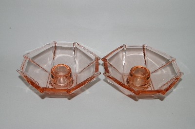 +MBA #64-231   " Pair Of Vintage Pink Depression Glass Square Candle Stick Holders