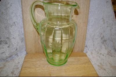 +MBA #5046    10" Green Glass Etched Pitcher #5046