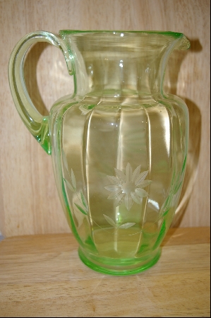 +MBA #5046    10" Green Glass Etched Pitcher #5046