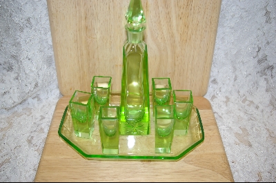 +MBA #5059  "Czechoslovakian Green Glass Shot Glass & Decanter Set #5059