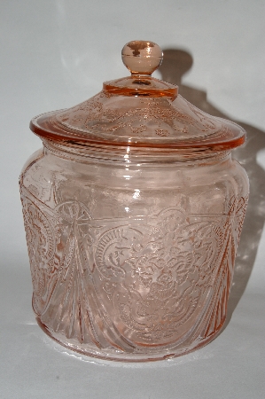 +MBA #63-236   Vintage Pink Depression Glass "Royal Lace" Cookie Jar With Lid