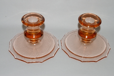 +MBA #63-245  Vintage Pink Depression Glass Pair Of Candle Stick Holders