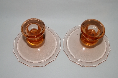 +MBA #63-245  Vintage Pink Depression Glass Pair Of Candle Stick Holders