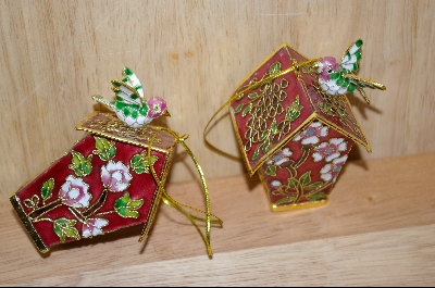 +MBA  "Set Of 2 Red Bird Houses W /Small Birds Attached Ornaments #4987