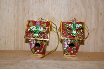 +MBA  "Set Of 2 Red Bird Houses W /Small Birds Attached Ornaments #4987