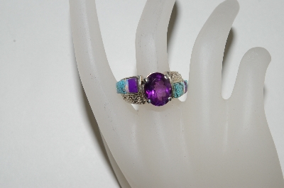 +MBA #65-231  Large Oval Cut Amethyst  & Turquoise Inlay Ring