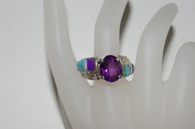 +MBA #65-231  Large Oval Cut Amethyst  & Turquoise Inlay Ring