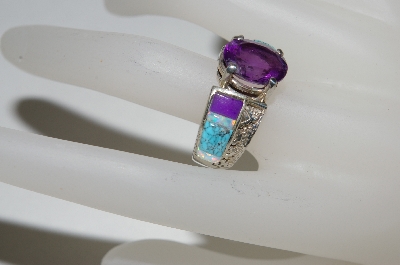 +MBA #65-231  Large Oval Cut Amethyst  & Turquoise Inlay Ring