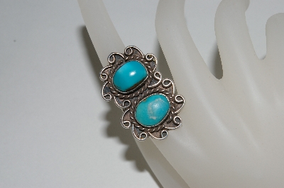 +MBA #65-099   Sterling Blue Turquoise 2 Stone Fancy Ring