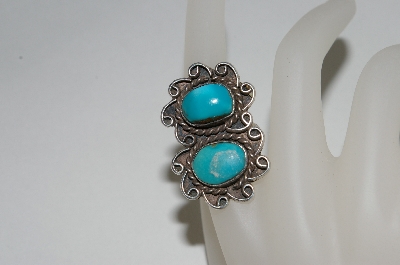 +MBA #65-099   Sterling Blue Turquoise 2 Stone Fancy Ring