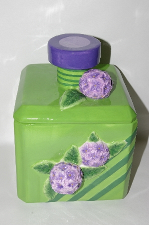 +MBA #69-062   " Large Green 3D Purple Flower Square Ceramic Cookie Jar