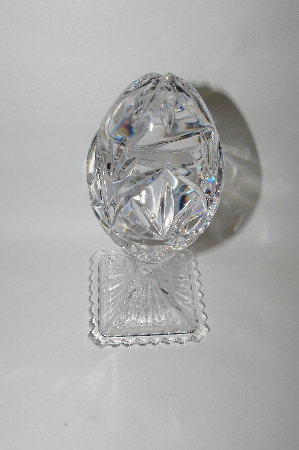 +MBA #69-025  1990's Large Beautiful Clear Crystal Fancy Cut Egg On Stand