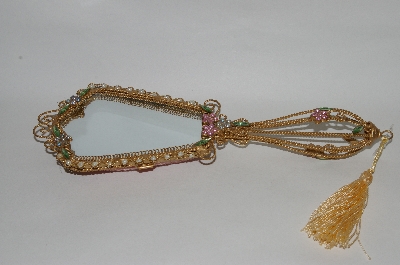 +MBA #66-091   " Pink Victorian Look Pink Velvet Faux Jeweled Hand Mirror