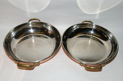 +MBA #70-8069  "35 Year Old Set Of 2 Copper Saute Pans With Brass Handles 