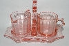 +MBA #69-208  Vintage Pink Depression Glass Floral Etched Cream & Sugar Set With Matching Stand