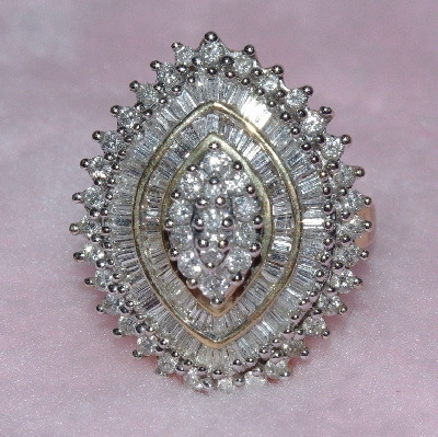 +MBA #76-063  14K Yellow Gold 2.00 Ct Round & Bagutte Cut Diamond Cluster Ring