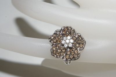 +MBA #76-019  14K White Gold Cognac & White Diamond Flower Ring