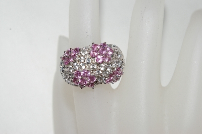 +MBA #76-045  14K White Gold Diamond & Pink Sapphire 3 Flower Ring