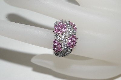 +MBA #76-045  14K White Gold Diamond & Pink Sapphire 3 Flower Ring