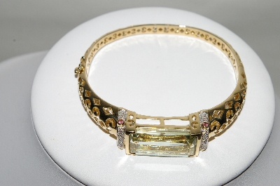 +MBA #77-128  14K Yellow Gold Mint Green Quartz & Diamond Bangle