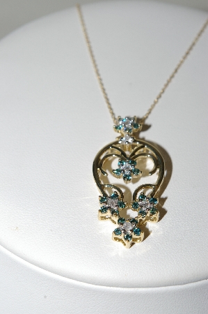 +MBA #77-123  14K Yellow Gold 5 Flower Blue & White Diamond Flower Pendant With 18" Chain