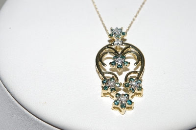+MBA #77-123  14K Yellow Gold 5 Flower Blue & White Diamond Flower Pendant With 18" Chain