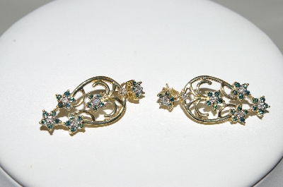 +MBA #77-124  14K Yellow Gold 5 Flower Blue & White Diamond Earrings