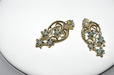 +MBA #77-124  14K Yellow Gold 5 Flower Blue & White Diamond Earrings